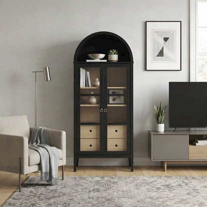Wood Tall Arched Home Office Storage Cabinet with Doors, Black Oak