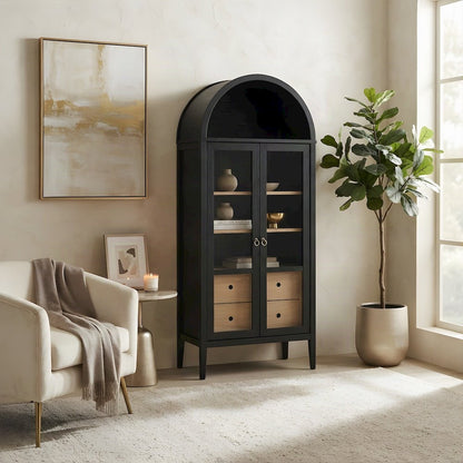 Wood Tall Arched Home Office Storage Cabinet with Doors, Black Oak