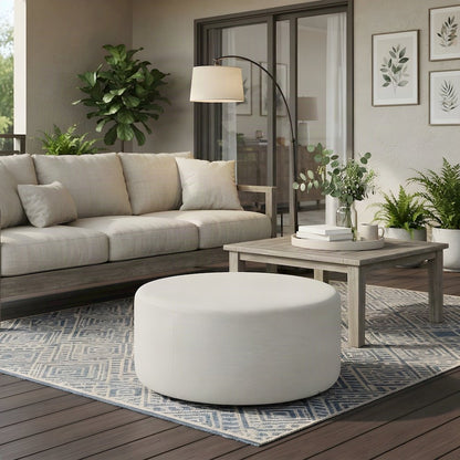 Large Round Woven Upholstered Ottoman Footrest, Heathered Weave Ivory