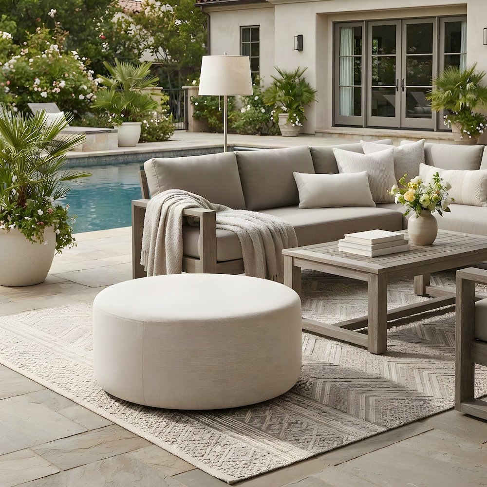 Large Round Woven Upholstered Ottoman Footrest, Heathered Weave Ivory
