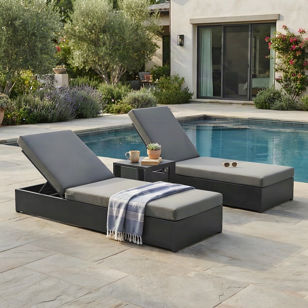 Aluminum Pool Chaise Lounge Chairs and Table, 3 Piece Set, Gray Charcoal