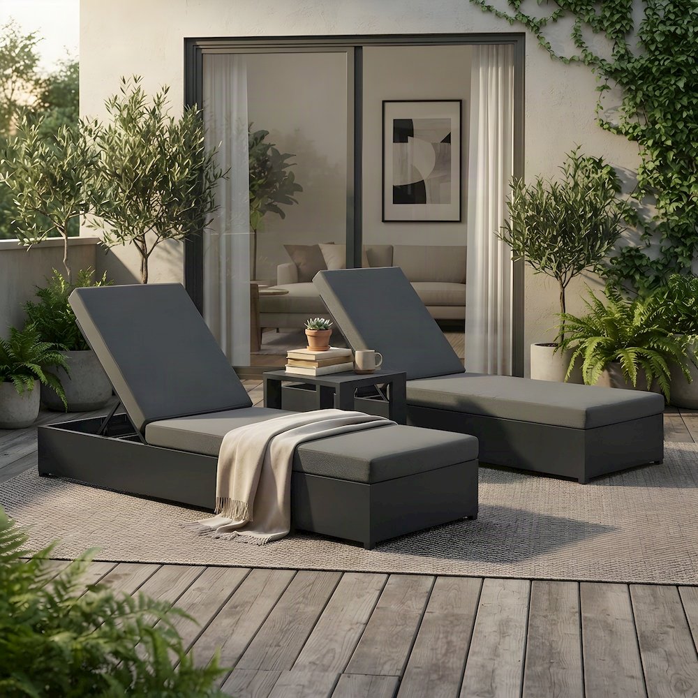 Aluminum Pool Chaise Lounge Chairs and Table, 3 Piece Set, Gray Charcoal