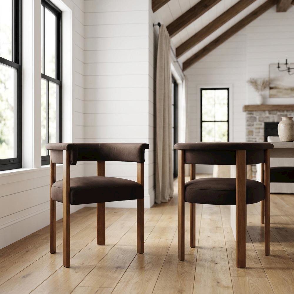 Performance Velvet Barrel Dining Chairs, Chocolate Brown Deep Brown, Set of 2