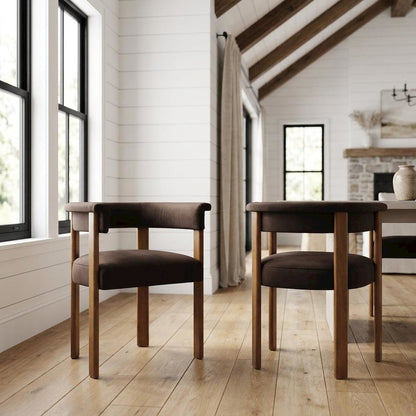Performance Velvet Barrel Dining Chairs, Chocolate Brown Deep Brown, Set of 2