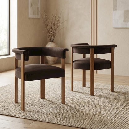 Performance Velvet Barrel Dining Chairs, Chocolate Brown Deep Brown, Set of 2