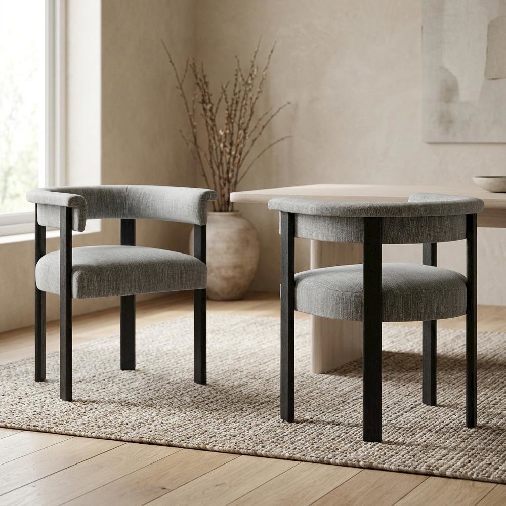 Fabric Upholstered Barrel Dining Chairs, Heathered Weave Gray Black, Set of 2