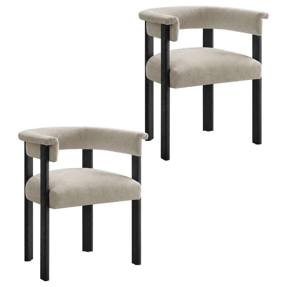 Fabric Upholstered Barrel Dining Chairs, Heathered Weave Ivory Black, Set of 2