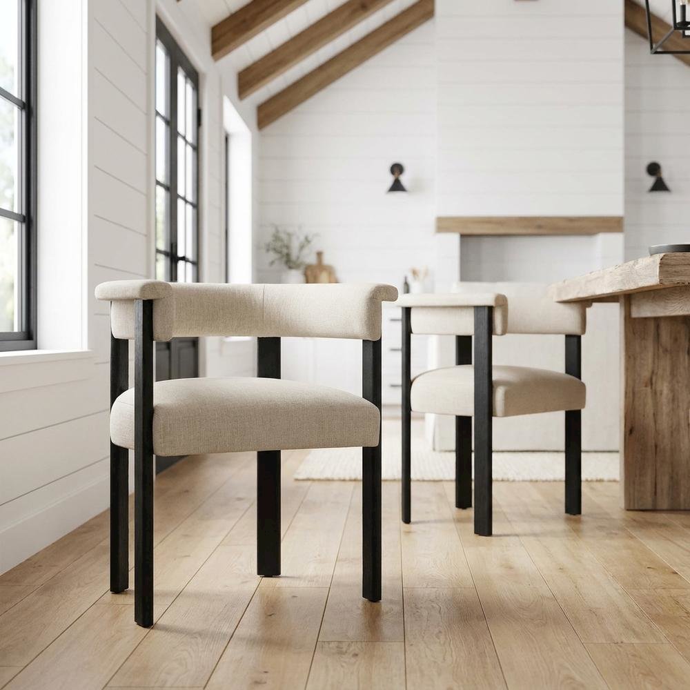 Fabric Upholstered Barrel Dining Chairs, Heathered Weave Ivory Black, Set of 2