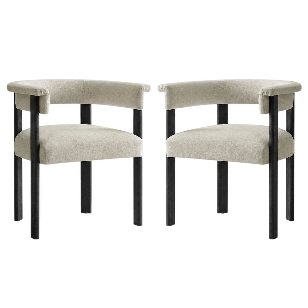 Fabric Upholstered Barrel Dining Chairs, Heathered Weave Ivory Black, Set of 2