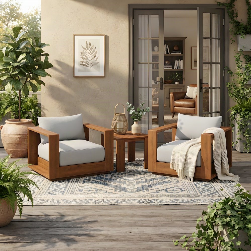Acacia Wood Outdoor Patio Conversation Furniture 3 Piece Set, Natural Light Gray