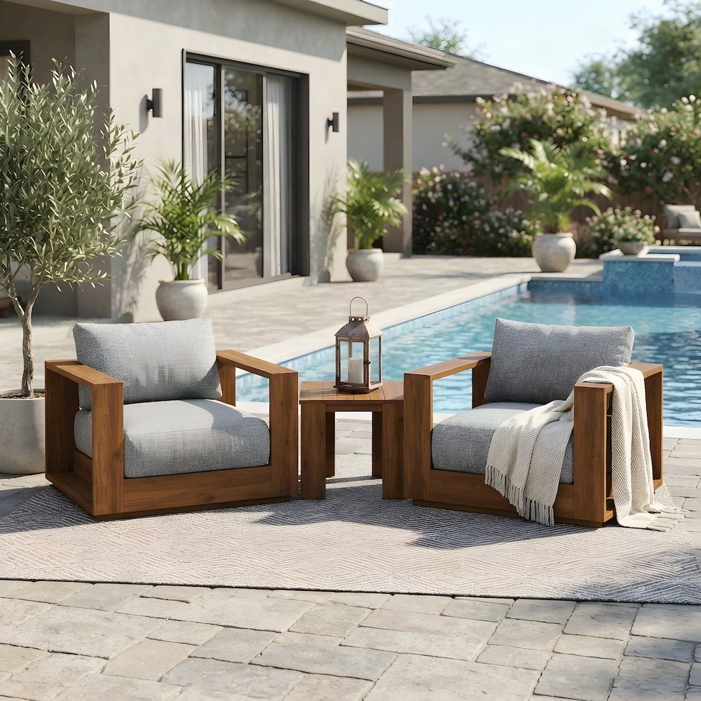 Acacia Wood Outdoor Patio Conversation Furniture 3 Piece Set, Natural Light Gray
