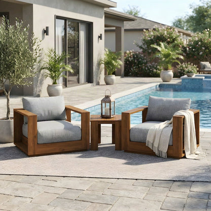 Acacia Wood Outdoor Patio Conversation Furniture 3 Piece Set, Natural Light Gray