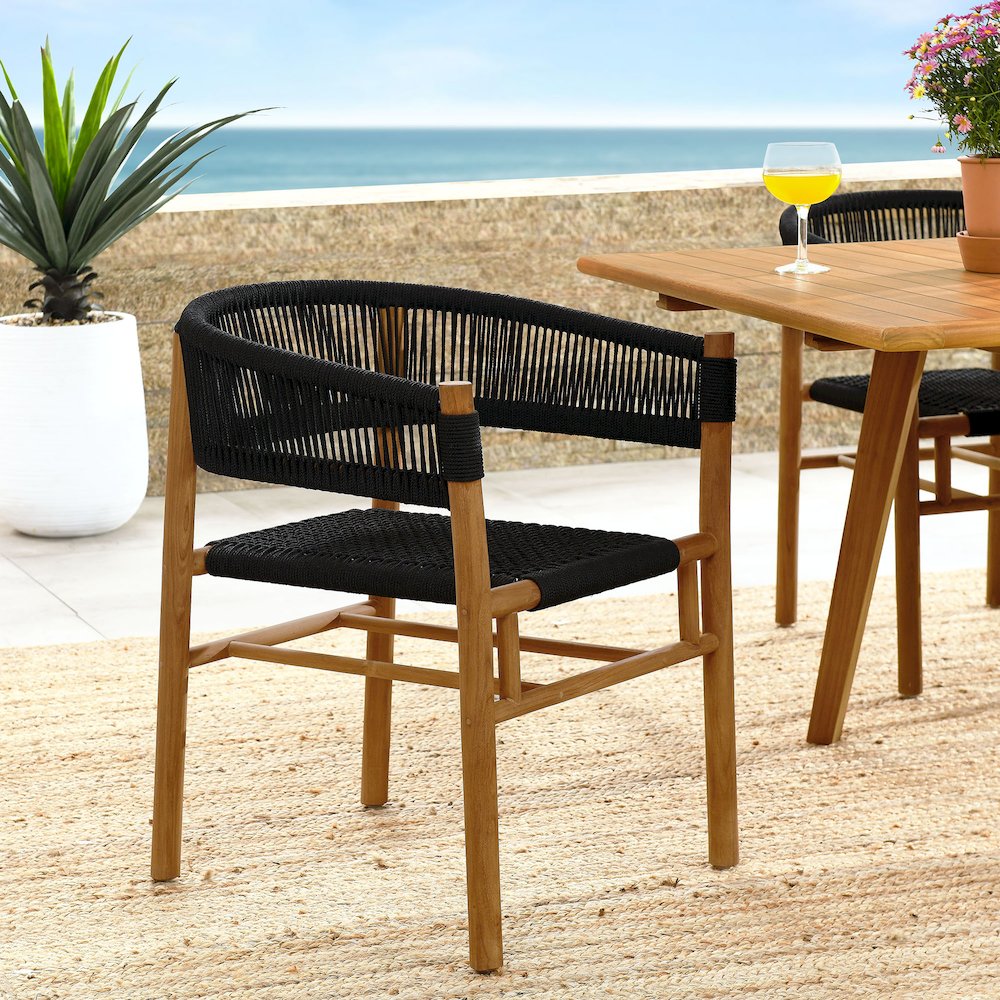 Vienna Outdoor Patio Teak and Rope Curved-Back Dining Armchairs Set of 2