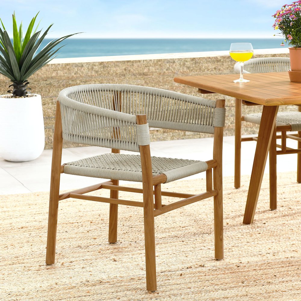 Vienna Outdoor Patio Teak and Rope Curved-Back Dining Armchairs Set of 2