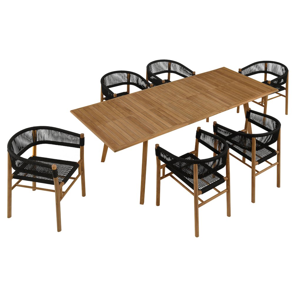 Vienna 7-Piece Outdoor Patio Teak and Rope Dining Set with Curved-Back Armchairs