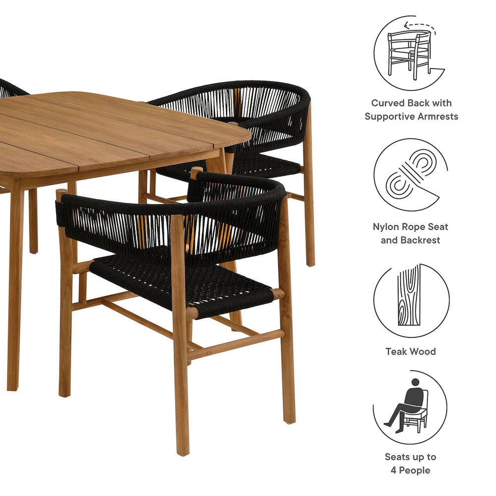 Vienna 5-Piece Outdoor Patio Teak and Rope Dining Set with Curved-Back Armchairs