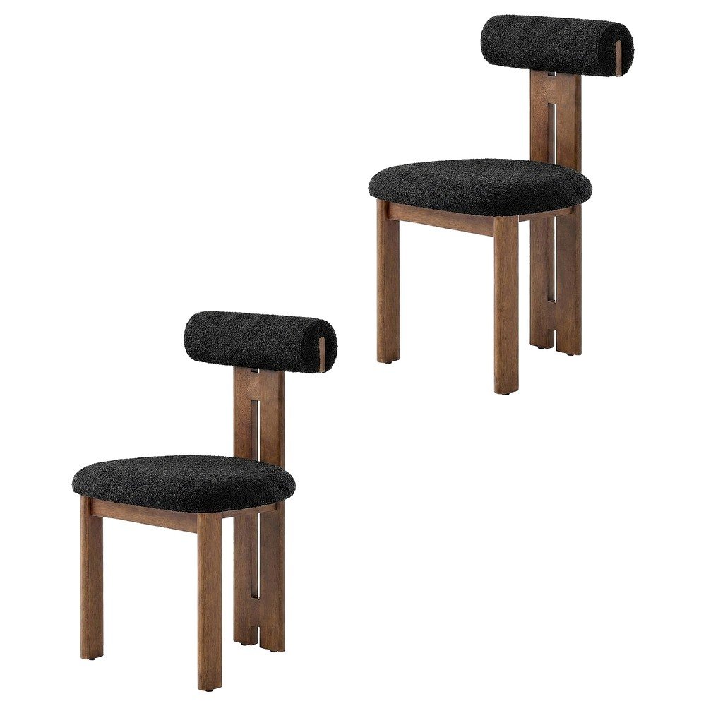 Boucle Fabric Upholstered Dining Chairs, Walnut Black, Set of 2
