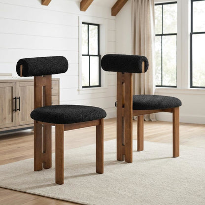 Boucle Fabric Upholstered Dining Chairs, Walnut Black, Set of 2