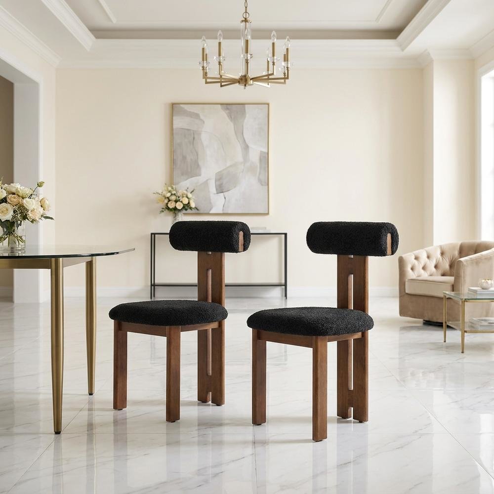 Boucle Fabric Upholstered Dining Chairs, Walnut Black, Set of 2