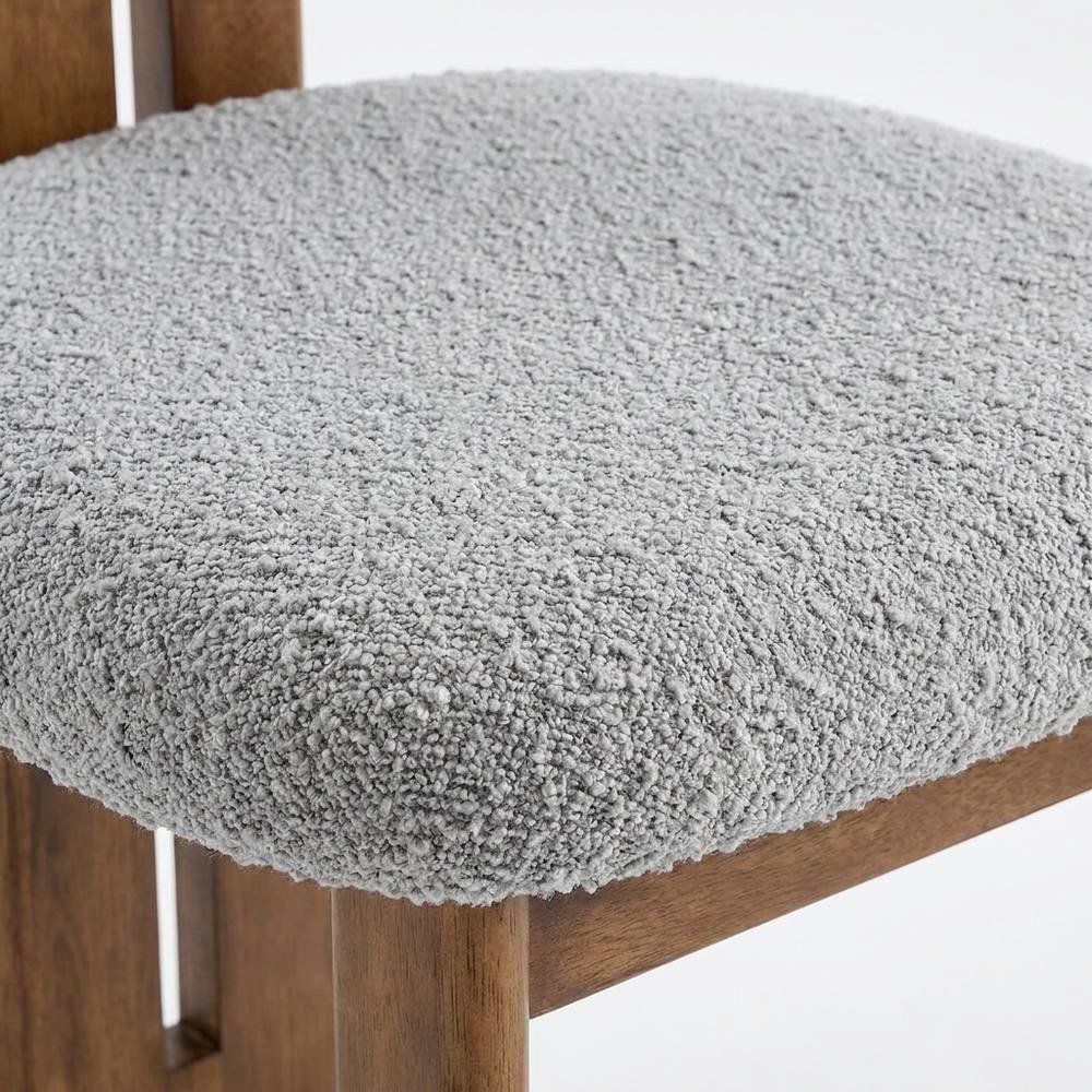 Boucle Fabric Upholstered Dining Chairs, Walnut Light Gray, Set of 2