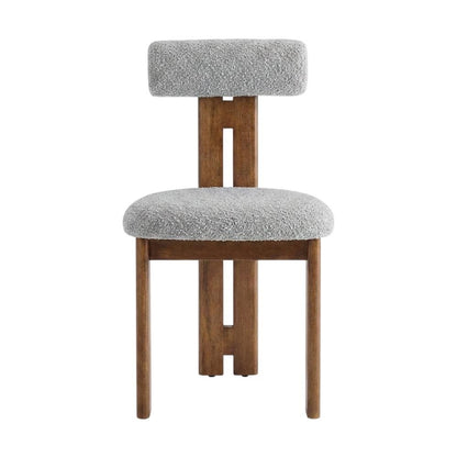 Boucle Fabric Upholstered Dining Chairs, Walnut Light Gray, Set of 2