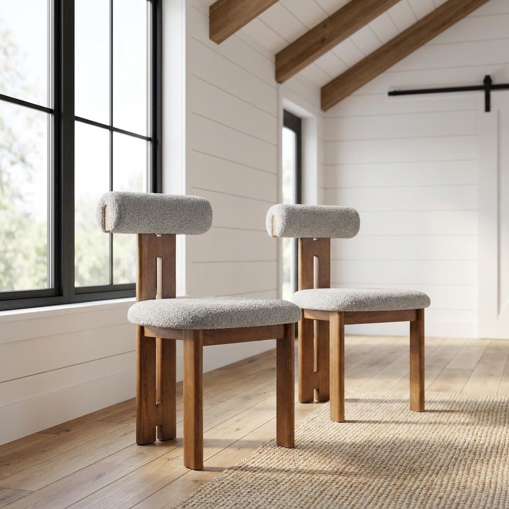 Boucle Fabric Upholstered Dining Chairs, Walnut Light Gray, Set of 2