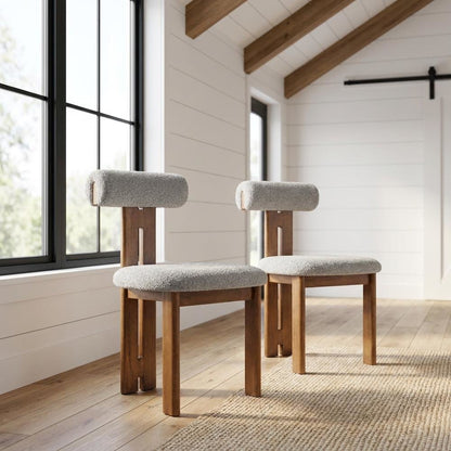Boucle Fabric Upholstered Dining Chairs, Walnut Light Gray, Set of 2
