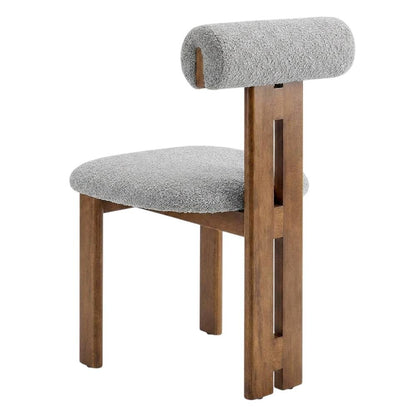 Boucle Fabric Upholstered Dining Chairs, Walnut Light Gray, Set of 2
