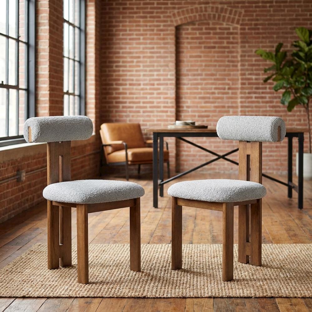 Boucle Fabric Upholstered Dining Chairs, Walnut Light Gray, Set of 2