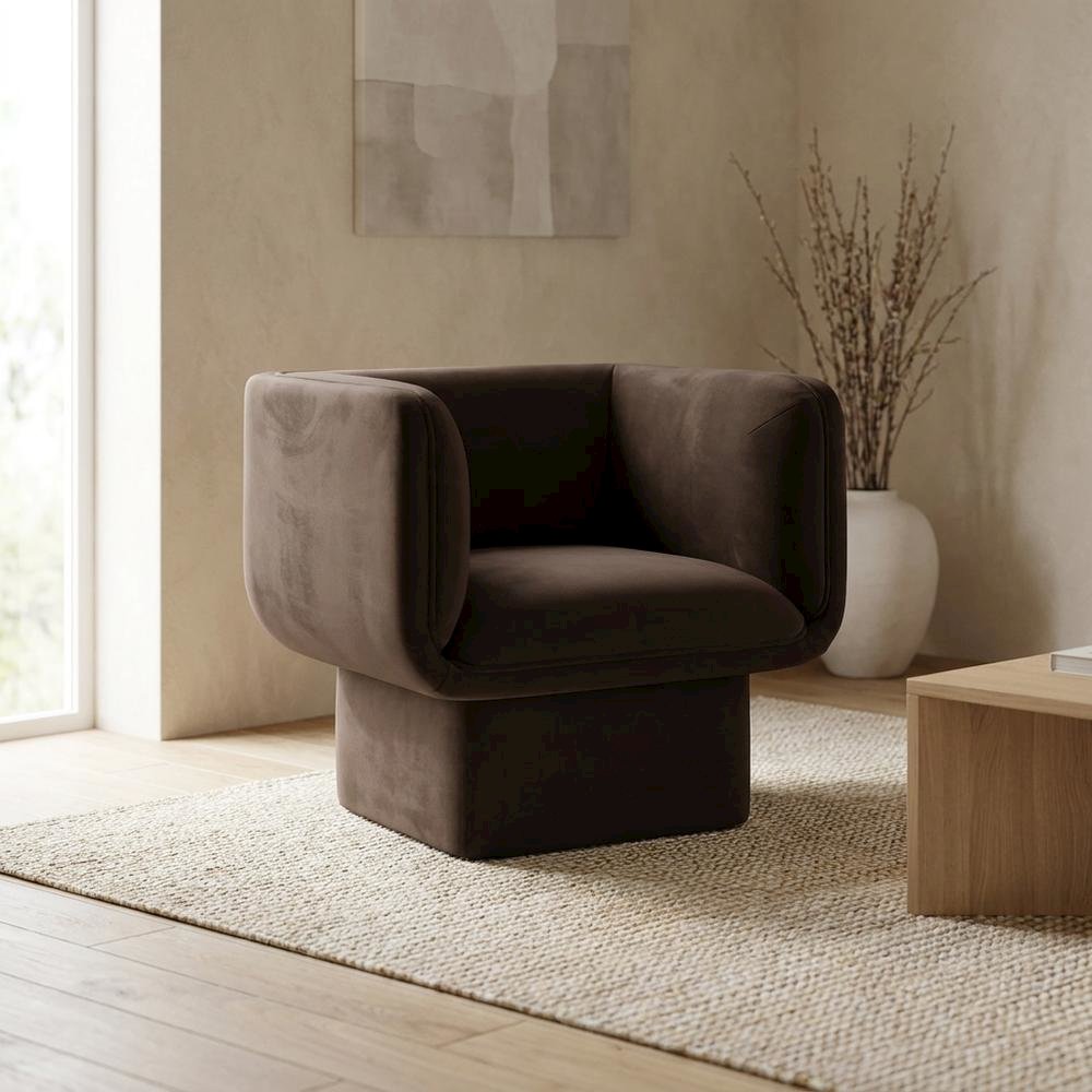 Performance Velvet Accent Chair with Padded Arms, Chocolate Brown