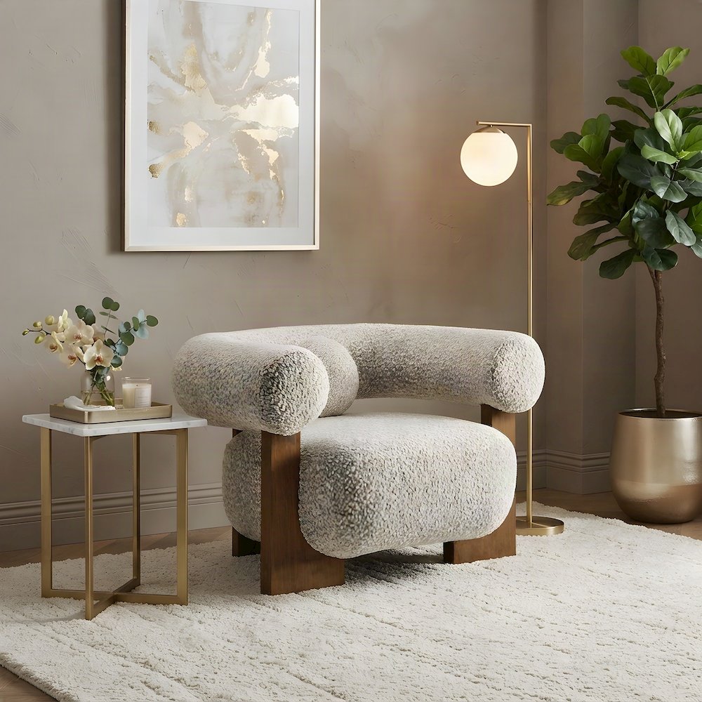 Boucle Upholstered Lounge Accent Chair with Padded Armrests, River Rock