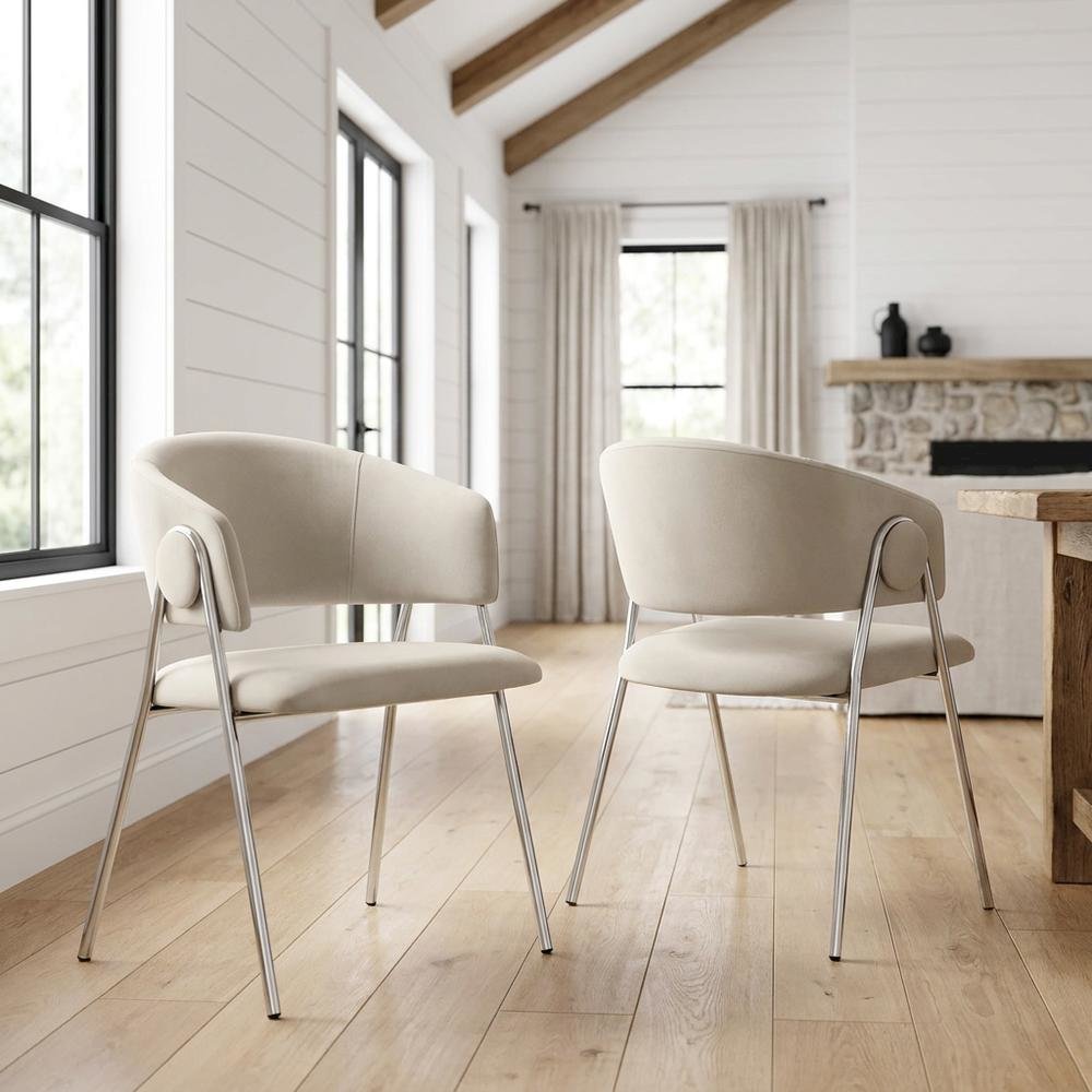Upholstered Performance Velvet Barrel Dining Chair, Almond Silver, Set of 2