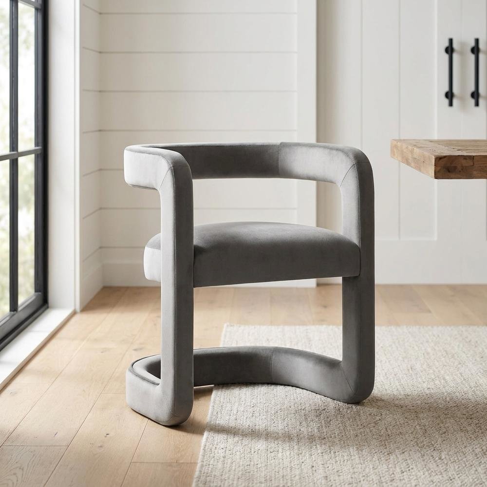 Performance Velvet Barrel Dining Chair with Arms, Storm Gray