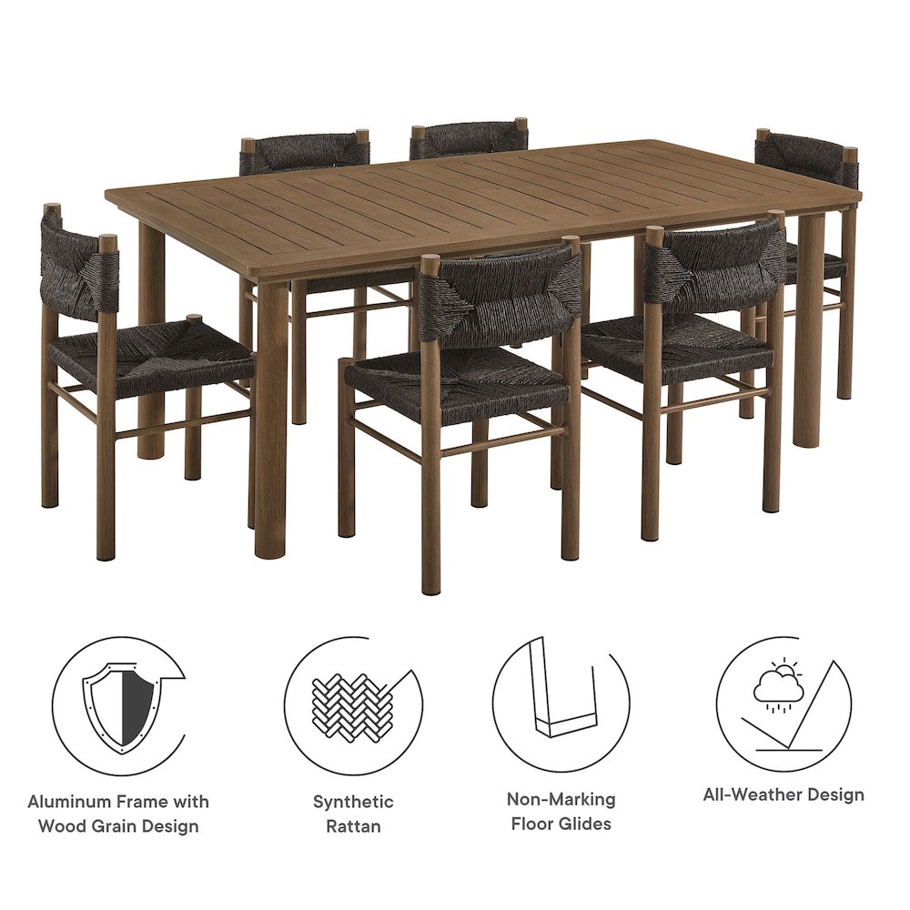 7-Piece Rectangular Outdoor Rattan and Aluminum Dining Table and Chairs Set