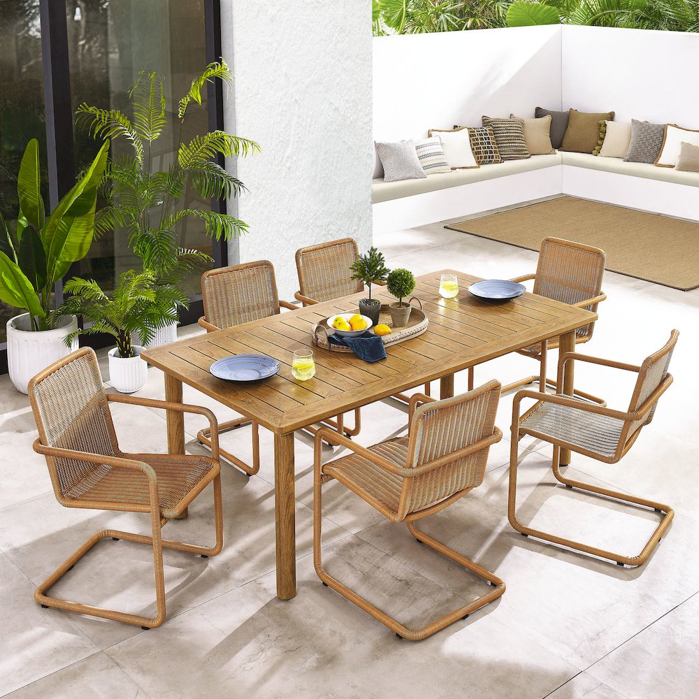7-Piece Rectangular Outdoor Aluminum Dining Table Set with Rattan Armchairs