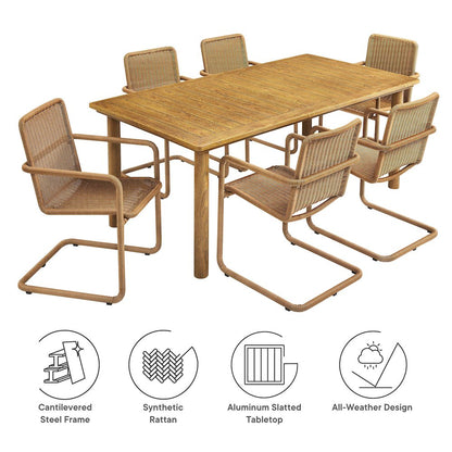 7-Piece Rectangular Outdoor Aluminum Dining Table Set with Rattan Armchairs
