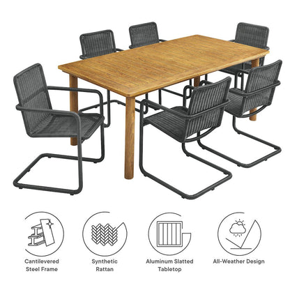 7-Piece Rectangular Outdoor Aluminum Dining Table Set with Rattan Armchairs