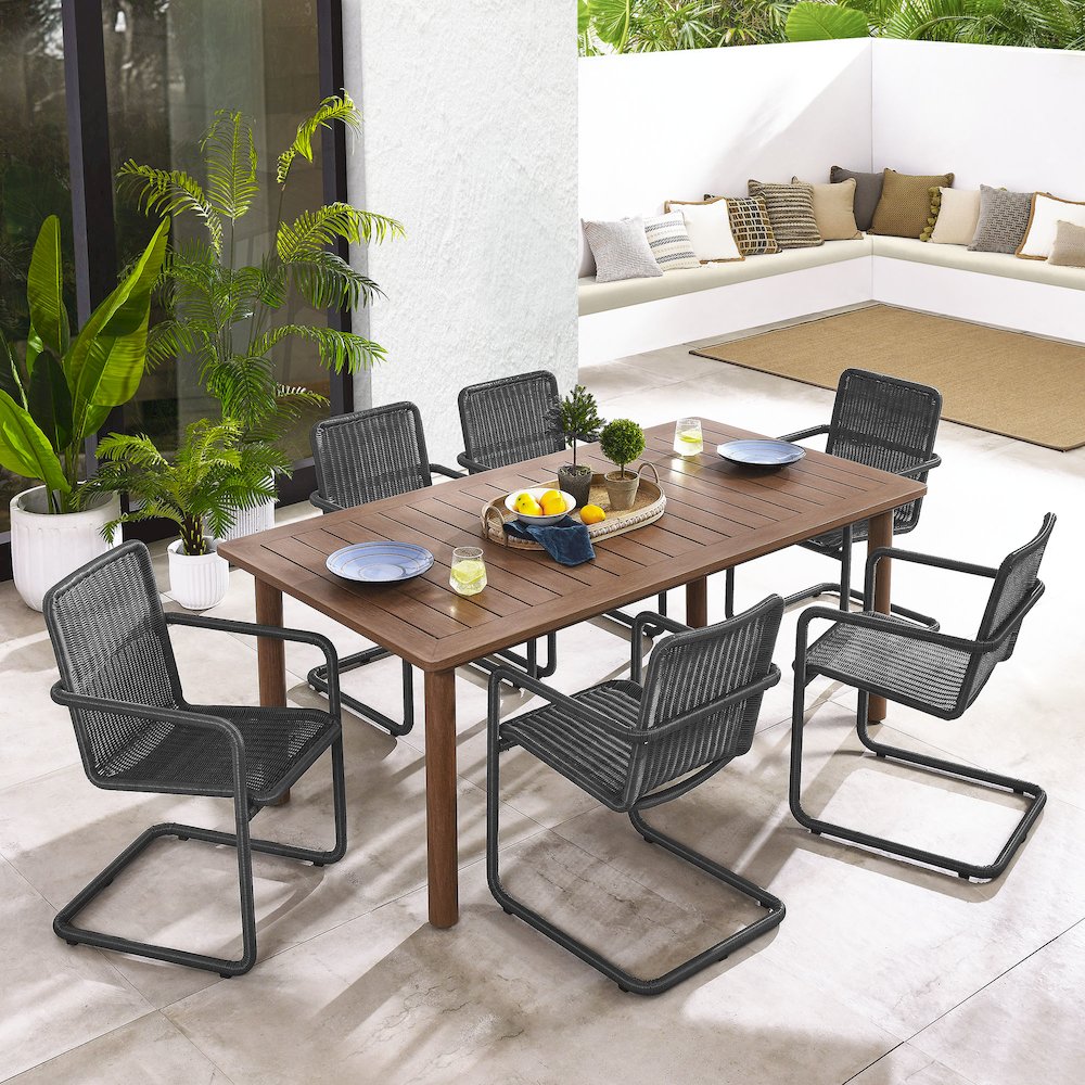 7-Piece Rectangular Outdoor Aluminum Dining Table Set with Rattan Armchairs