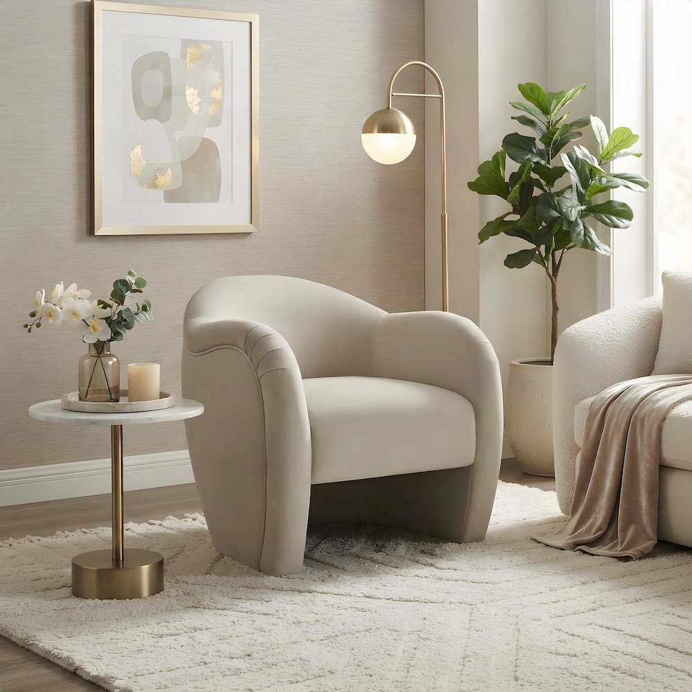 Performance Velvet Barrel Accent Chair with Thick Cushioned Seat, Alabaster
