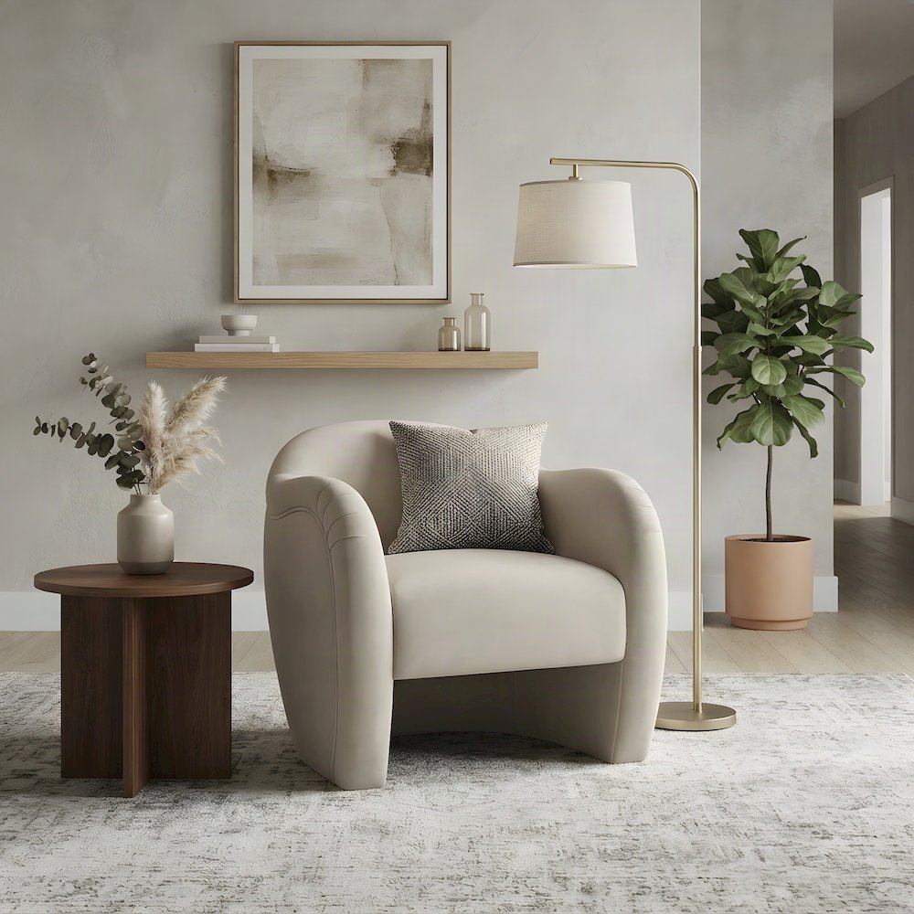 Performance Velvet Barrel Accent Chair with Thick Cushioned Seat, Alabaster
