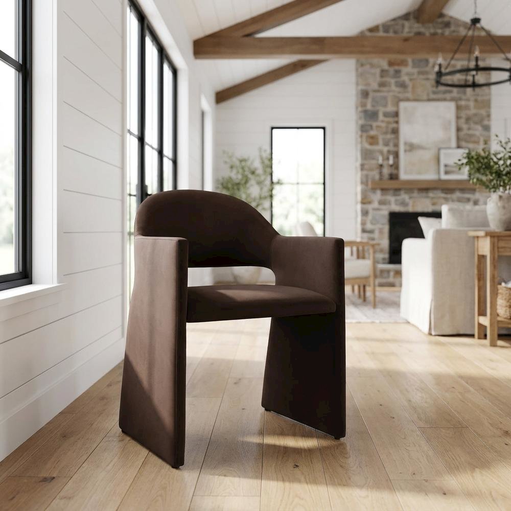 Performance Velvet Dining Armchair with Solid Wood Legs, Chocholate Brown