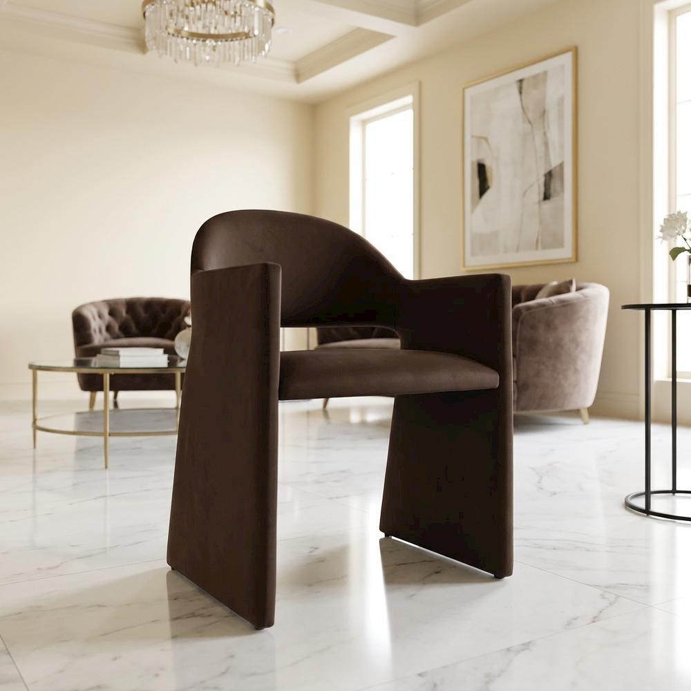 Performance Velvet Dining Armchair with Solid Wood Legs, Chocholate Brown