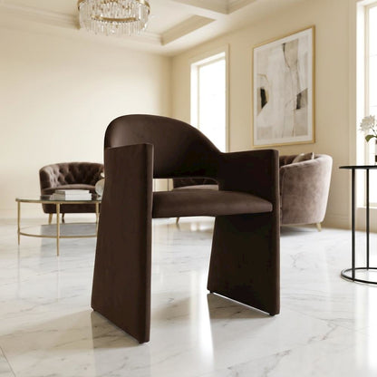 Performance Velvet Dining Armchair with Solid Wood Legs, Chocholate Brown