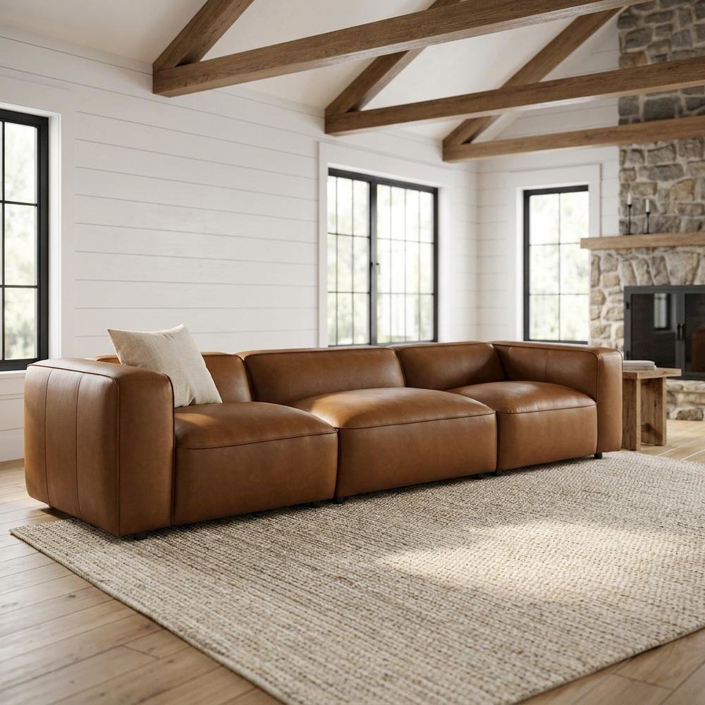 Upholstered Vegan Leather Modular Sectional Sofa with Mid-Century Style, Coffee