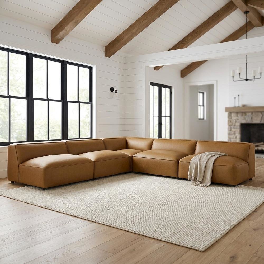 Vegan Leather Modular L-Shaped Sectional Couch for Living Room, Camel, 5 Pc