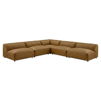 Vegan Leather Modular L-Shaped Sectional Couch for Living Room, Camel, 5 Pc