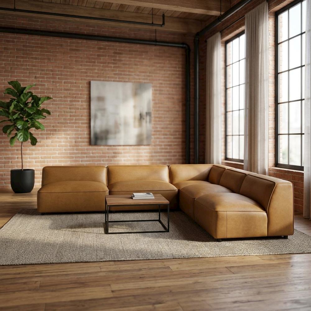 Vegan Leather Modular L-Shaped Sectional Couch for Living Room, Camel, 5 Pc