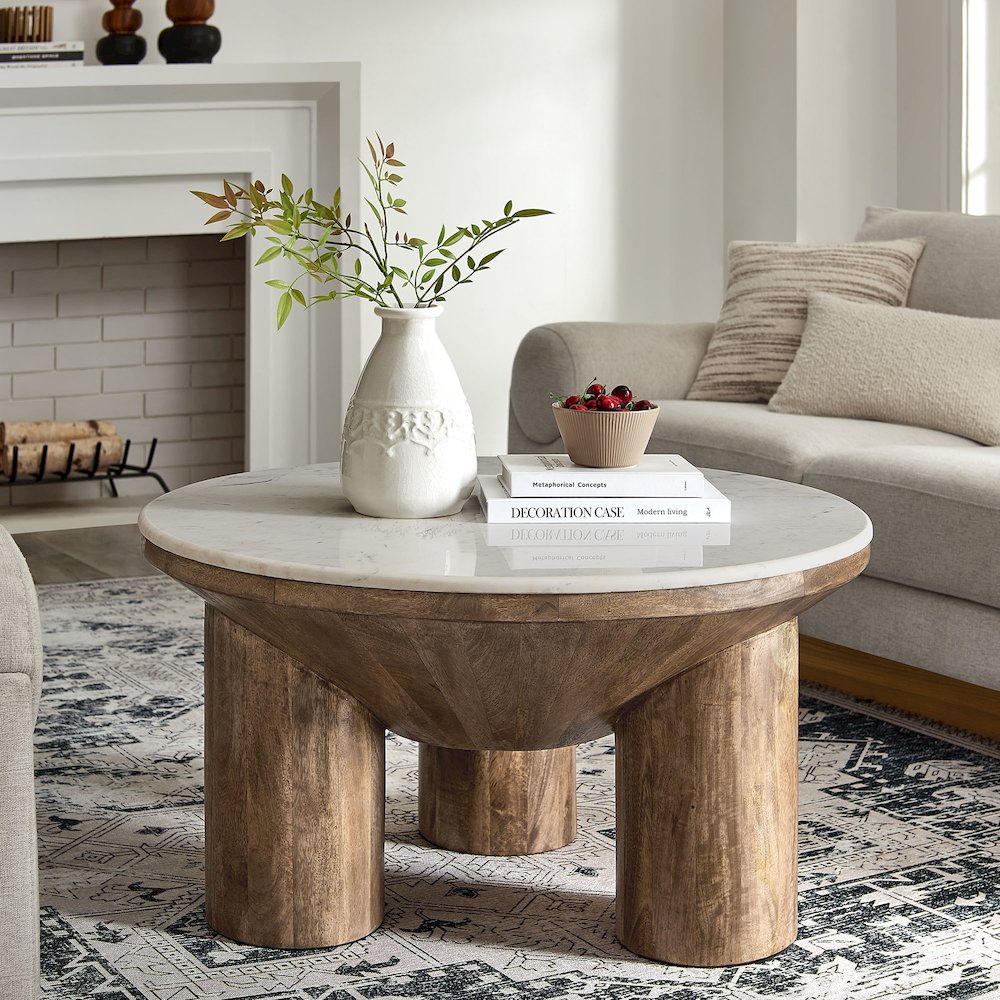 Ellison 33" Round Wood Coffee Table With Marble Top