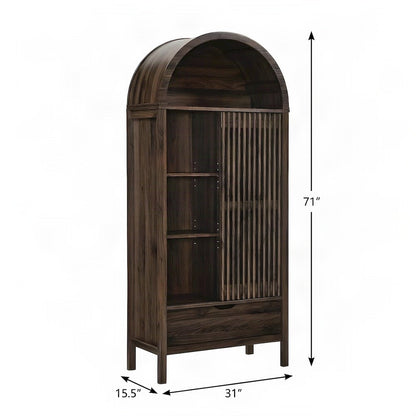 FurniFact Wooden Arched Figurine Display Case with Open Shelves, Walnut
