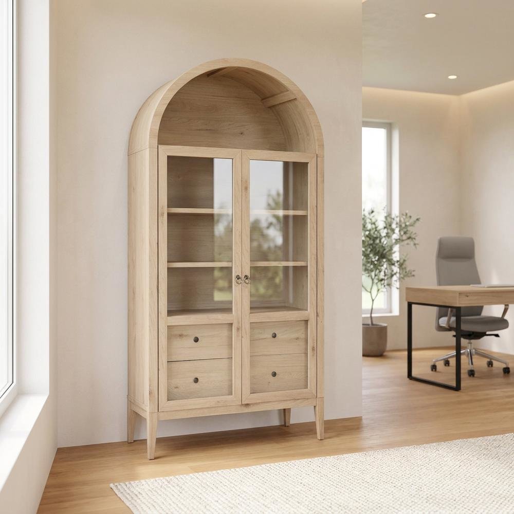 Wooden Arched Display Cabinet, Tall Curio with Storage, Light Oak